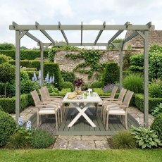 Shire 12x12 grey wooden pergola with decking floor and 6-seater outdoor dining table set on a patio