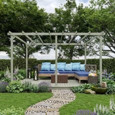 Shire 12x16 grey wooden pergola with integrated decking base and outdoor corner lounge sofa set on a lawn