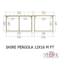 Shire 12x16 wooden pergola side elevation technical drawing detailing metric and imperial height measurements