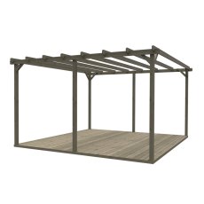 3D studio render of a Shire 16x16 square grey wooden pergola with built-in decking base on a white background