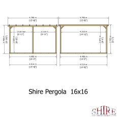 Shire 16x16 wooden pergola side elevation technical diagram with metric and imperial height measurements
