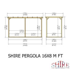 Shire 16x8 wooden pergola side and end elevation technical drawing showing metric and imperial height dimensions