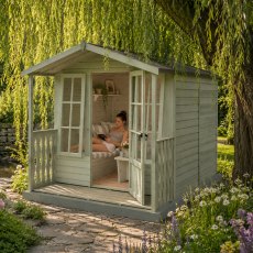 7x7 Shire Chatsworth Summerhouse - in situ, angle view, doors open