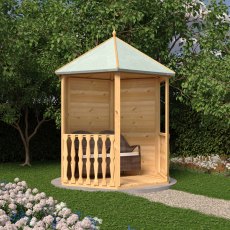 Right side angle of 6x7 Shire gazebo with seating and colourful flowers