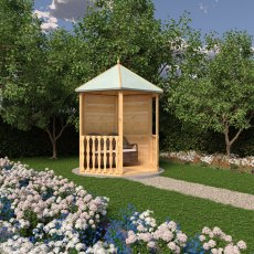 Right side angle from a distance of 6x7 Shire gazebo with seating and colourful flowers