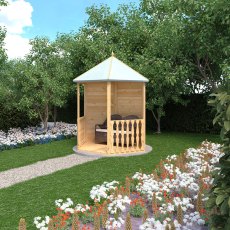 Left angled view of Shire 6x7 timber gazebo with seating and garden path