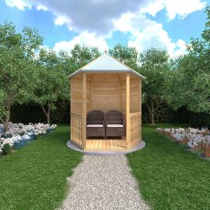 Frontal view of Shire 6x7 timber gazebo with seating and garden path