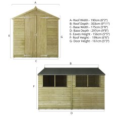 Mercia 10x6 overlap apex shed dimensions diagram with front and side elevations