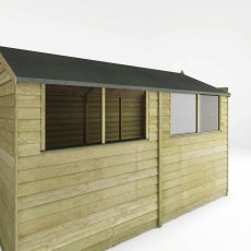 Side view of Mercia 10x6 overlap apex shed with long row of fixed windows