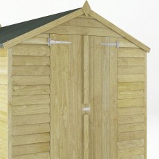 Close-up of Mercia 10x6 overlap apex shed double doors and galvanised hinges