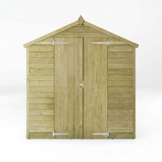 Front view of Mercia 10x6 overlap apex wooden shed with closed double doors