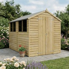 Angled garden view of Mercia 10x6 overlap apex shed with double doors and side windows
