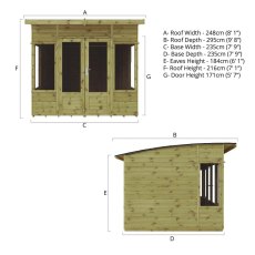 Technical dimensions diagram of Mercia Helios 8x8 summerhouse front and side