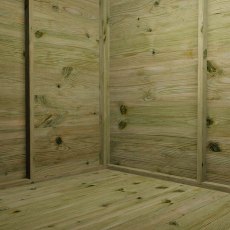 Interior corner view of Mercia Helios summerhouse showing wooden walls and floor