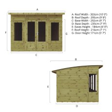 Technical specification diagram of Mercia Helios 10x8 summerhouse dimensions and elevations