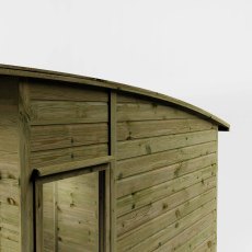 Close-up of curved roof detail on Mercia Helios summerhouse showing timber finish