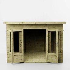 Front view of Mercia Helios 10x8 summerhouse with double doors and side windows