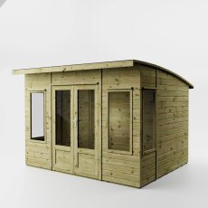 Mercia Helios 10x8 contemporary summerhouse with curved roof, front angled view