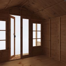 8 X 12 (2.38m X 3.62m) Mercia Premium Traditional T&G Summerhouse With Veranda, in situ, isolated internal view, doors open