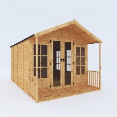 8 X 12 (2.38m X 3.62m) Mercia Premium Traditional T&G Summerhouse With Veranda, in situ, isolated angle view, doors closed