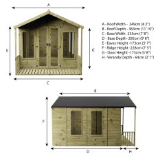 Mercia Wessex 12x8 summerhouse dimensions diagram with front and side elevations