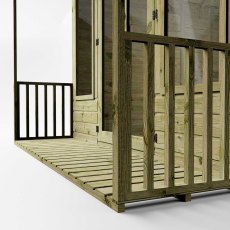 Close-up of Mercia Wessex summerhouse veranda railing and glazed doors