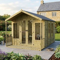 Angled garden view of Mercia Wessex 12x8 summerhouse with front veranda and glazing
