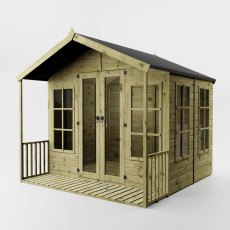 Mercia 8x8 traditional summerhouse angled view with veranda and glazing