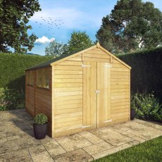 10x8 Mercia Overlap Shed - in situ, angle view, doors closed