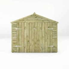 Front elevation of Mercia 7x3 wooden bike store with overlap cladding and apex roof