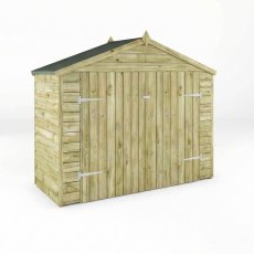 Mercia Overlap 7x3 bike shed in pressure treated wood, angled front view with closed doors