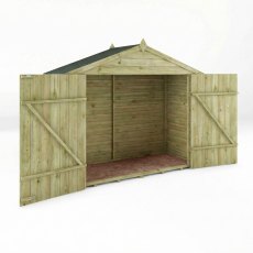 Mercia 7x3 overlap bike store with double doors open showing spacious interior storage