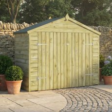 Mercia Overlap 7x3 wooden bike store with double doors closed, natural timber finish