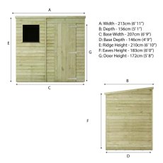 Mercia 7x5 pent shed technical dimensions and specification diagram