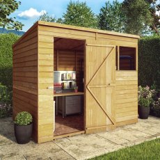 8x6 Mercia Overlap Pent Shed - with background and door open