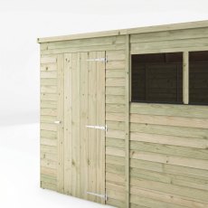 Mercia 8x6 Overlap Pent Shed Front Corner Perspective, doors closed