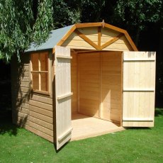 7 X 7 (1.98m X 2.05m) Shire Shiplap Barn Shed - in situ, angle view, doors open