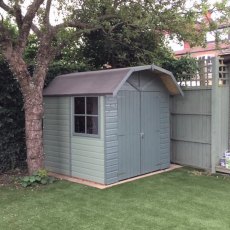 7 X 7 (1.98m X 2.05m) Shire Shiplap Barn Shed - in situ, angle view, doors closed