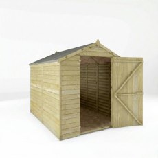 Mercia 8x6 overlap wooden shed with door open showing interior space
