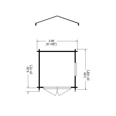 Architectural floor plan diagram showing the roof elevation profile and ground dimensions for the log cabin.