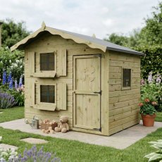 Mercia Snowdrop 7x5 wooden playhouse in garden setting with decorative windows and shutters