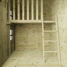 Interior of Mercia Snowdrop playhouse showing wooden walls, floor, and ladder to loft area