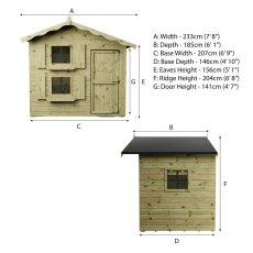 Technical elevation diagram of Mercia Snowdrop 7x5 playhouse with dimensions
