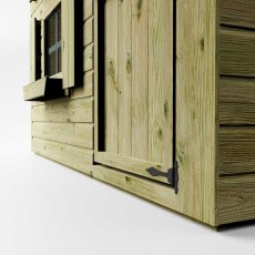 Close-up of Mercia Snowdrop playhouse corner showing window shutters and wood finish