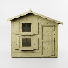 Front view of Mercia Snowdrop 7x5 playhouse with shuttered windows and single door