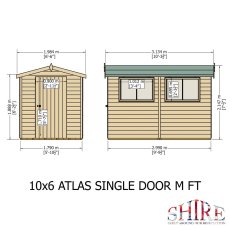Front and side elevation schematic diagram showing key dimensions for the Shire Atlas 10x6 wooden apex shed.
