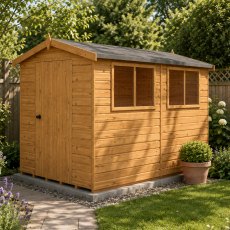 Shire Atlas 10x6 apex wooden garden shed featuring single doors and side windows on a patio.