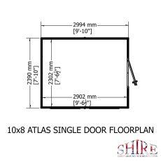 Floor plan schematic diagram showing internal and external measurements for the Shire Atlas 10x8 single door apex shed.