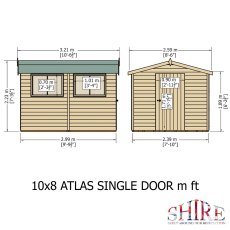 Front and side elevation schematic diagram showing key dimensions for the Shire Atlas 10x8 single door wooden apex shed.