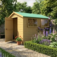 Shire Atlas 10x10 apex wooden garden shedwith single door open to an interior workshop and multiple opening side windows.